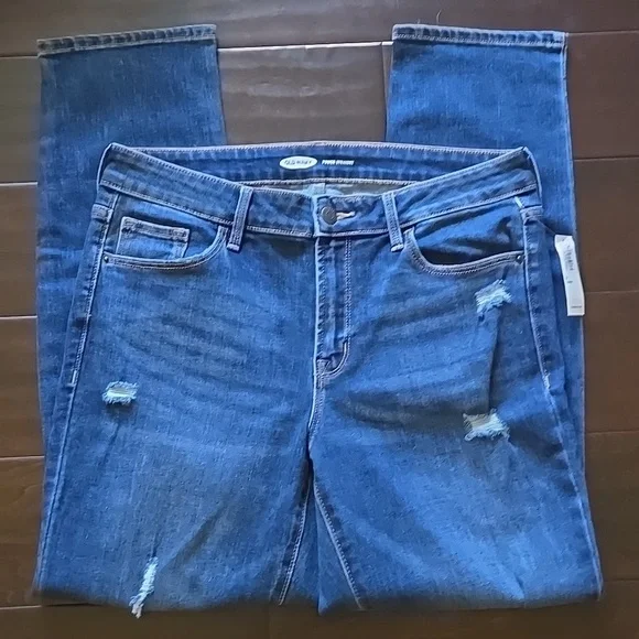 NEW Old Navy Power Slim Straight Zip Fly Mid-Dark Wash Distressed - 8S - Picture 3 of 15